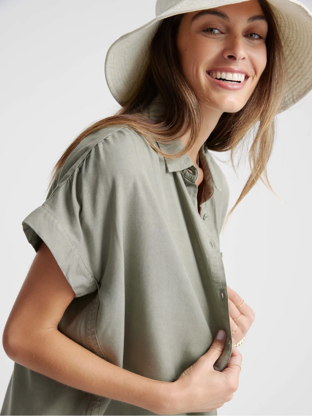 Quince Vintage Wash Tencel Camp Shirt Button Down In Olive Green Size S